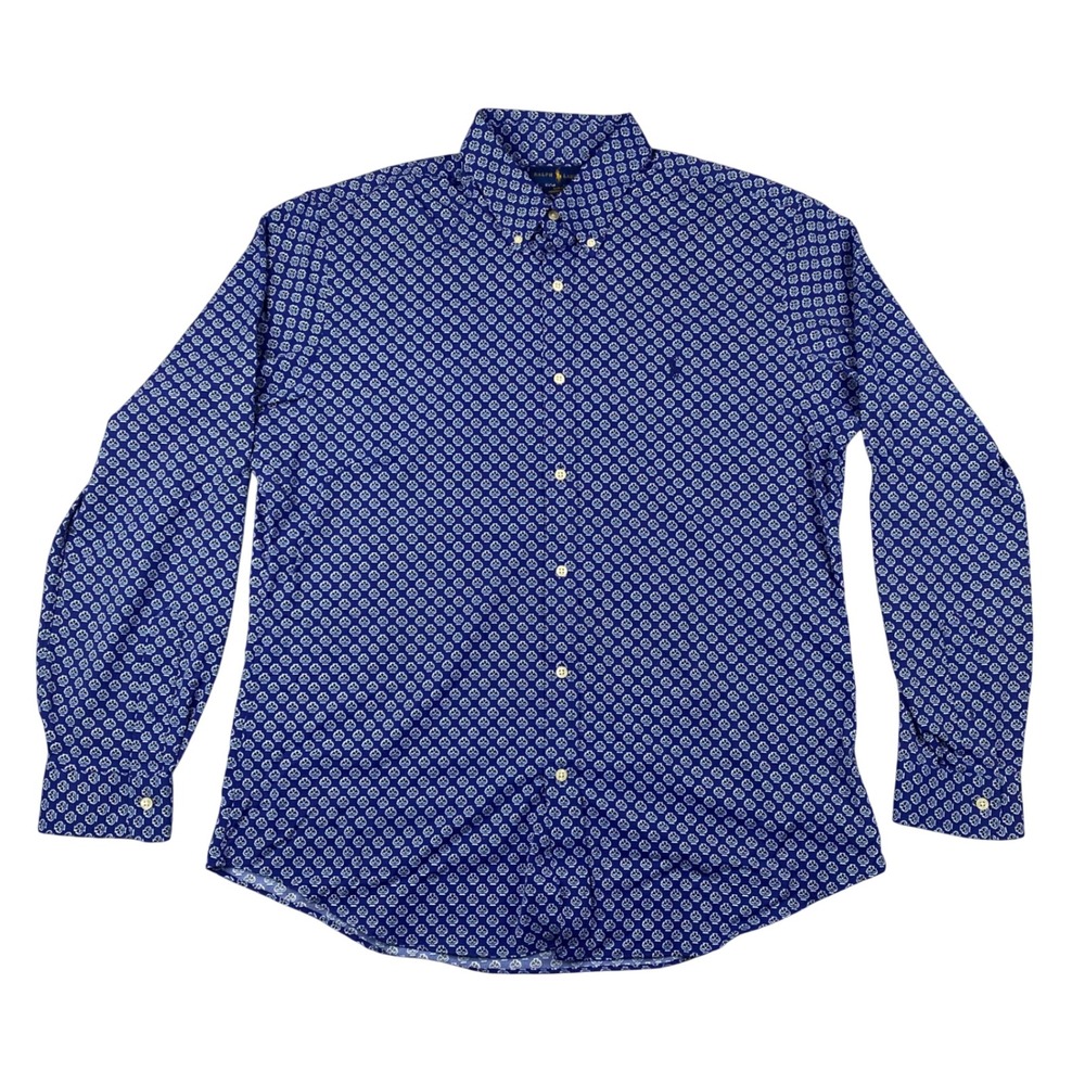 Ralph Lauren Polo Men Slim Fit Performance Button‎ Down Blue Geometric Print XL